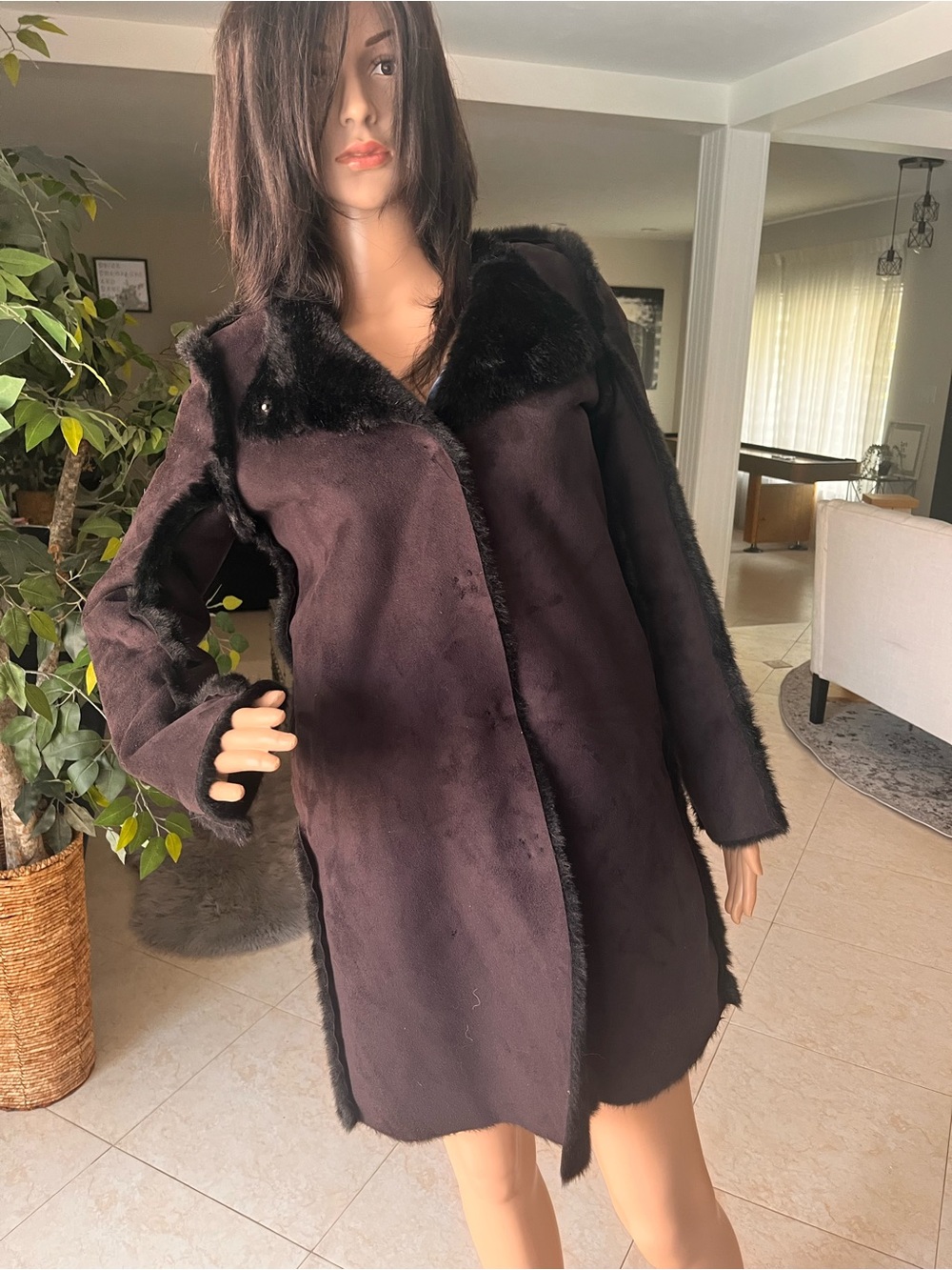 Plush Faux Fur Trim Coat in black